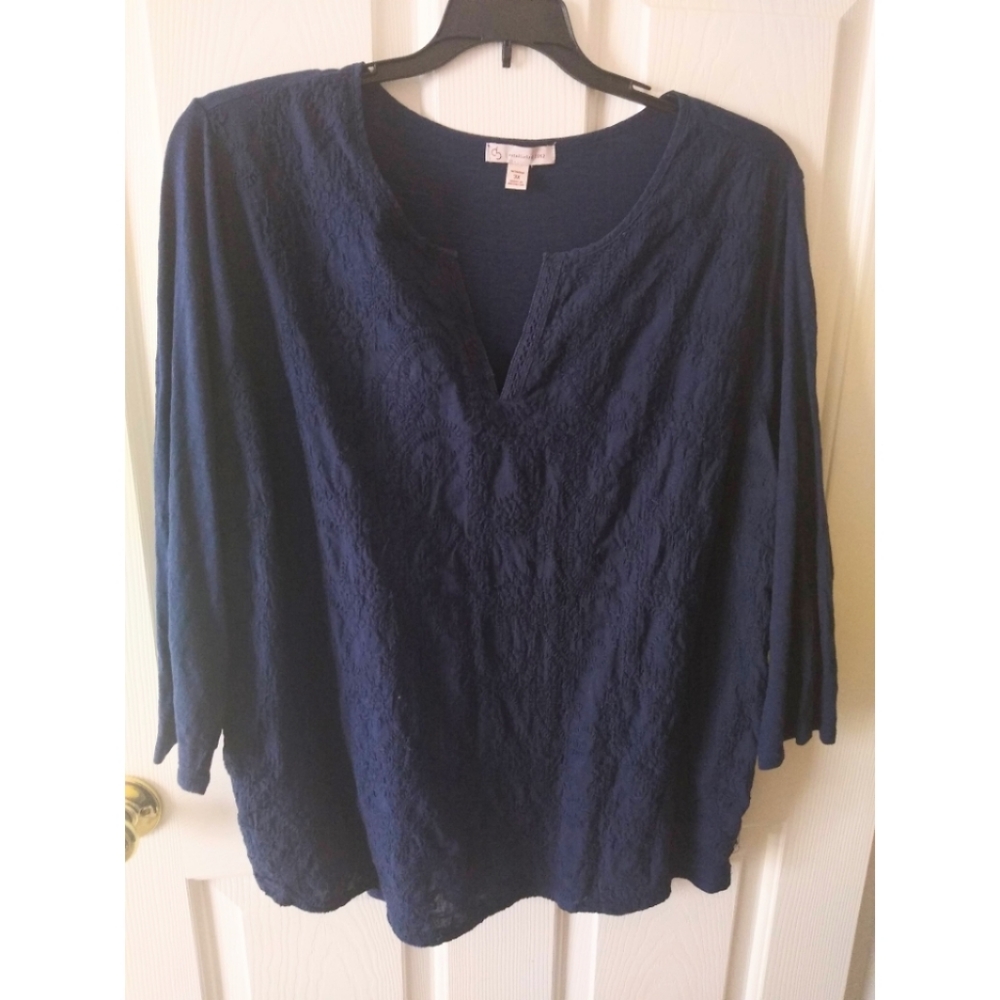 Navy Blue Asian-Inspired Women's Plus V-Neck Blouse Women's Plus Size 3X